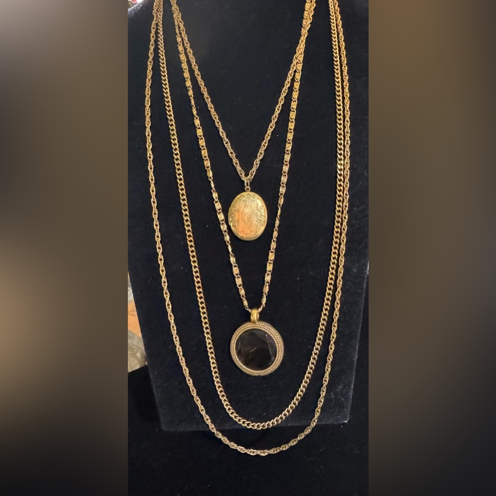 VTG signed Goldette Necklace Gold tone Glass Topaz Color...4 chains